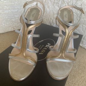 Prada silver/gold metallic heeled sandals